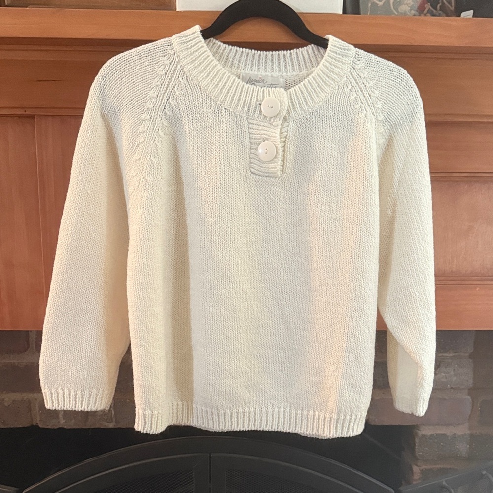 Vintage 80s 90s Junior Connection Crew Button-Neck Cream Women's Sweater Size M
